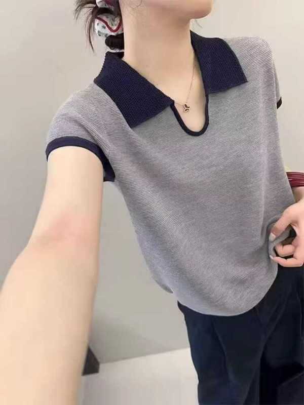 竹节麻polo领撞色针织短袖上衣女2025夏季新时尚小众别致短款t恤|undefined