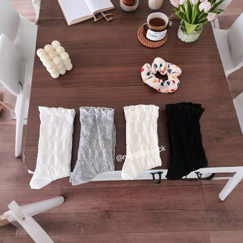 South Korea Ins Thin Socks Women's Embossed Mesh Mid-Tube Socks Summer Sweet Pleated Socks with Bone-Free Socks for Outer Wear