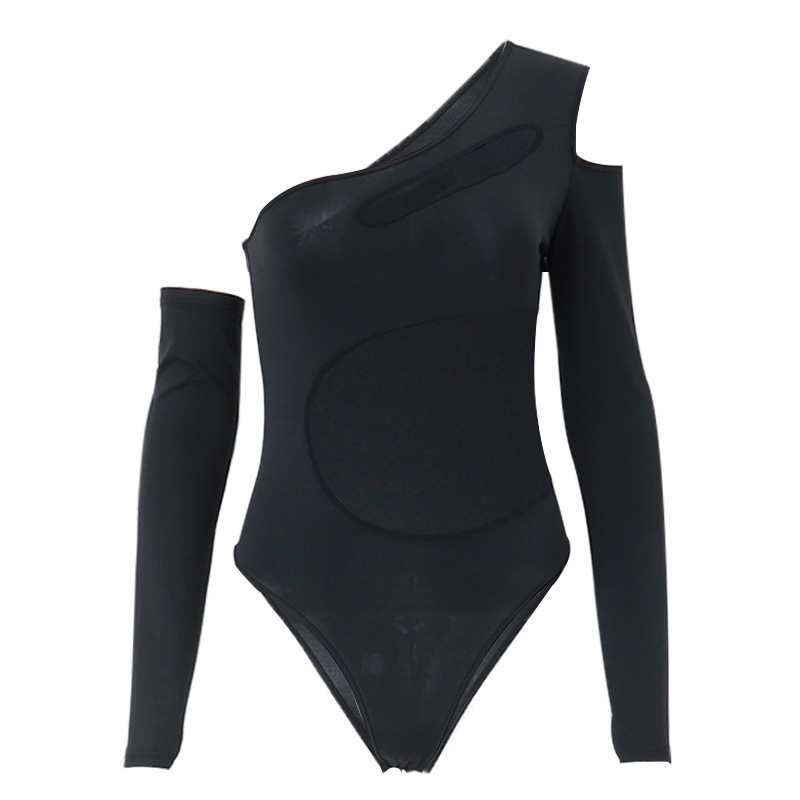 2022 europeo y americano otoño popular hombro oblicuo perspectiva mono sexy malla hueco-fuera manga larga SLIM-Fit oversleeve traje mujeres image 7
