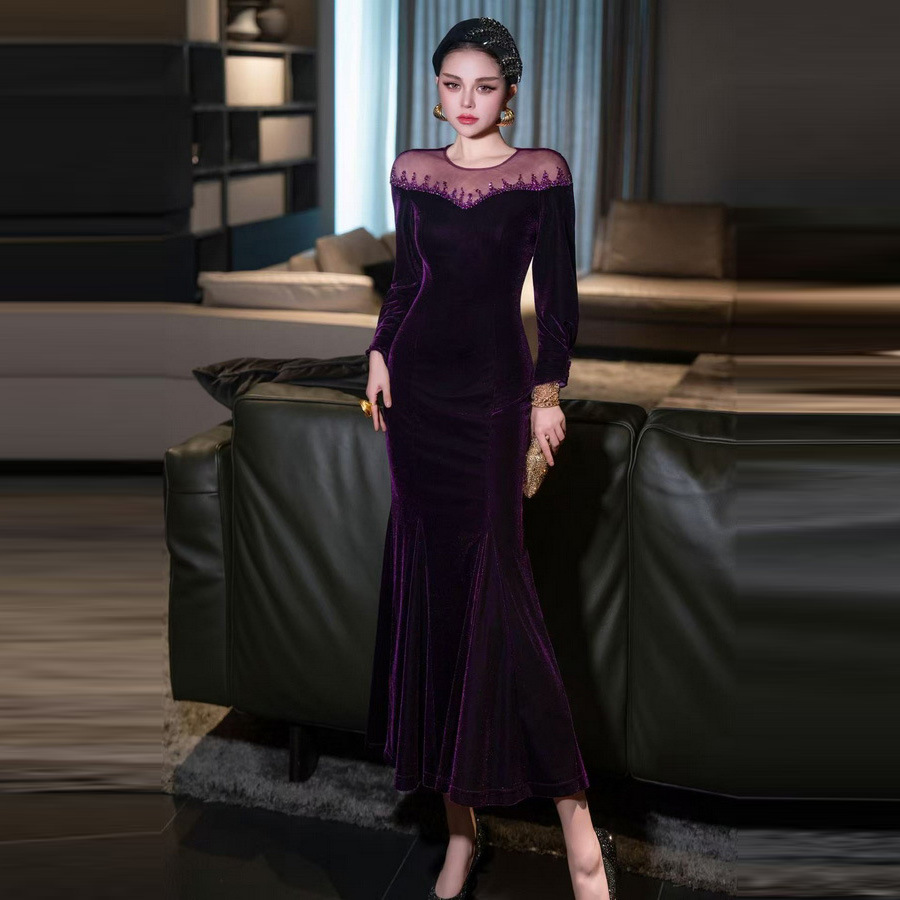 Banquet Evening Dress 2025 Autumn and Winter New Elegant Toast Fishtail Skirt Velvet Patchwork Mesh Beaded Long-Sleeved Dress