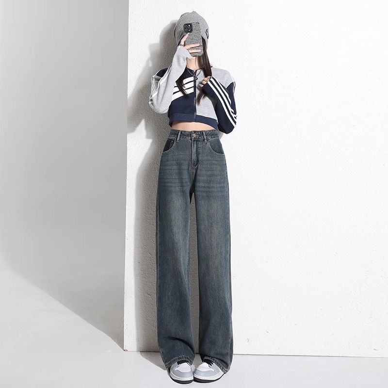 加绒窄版阔腿牛仔裤女2025秋冬高腰梨型身材显瘦水泥灰复古直筒裤|undefined