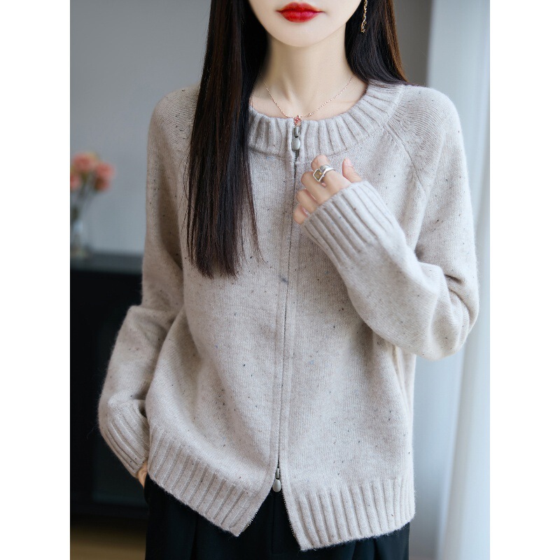 2025 New Autumn and Winter Raccoon Velvet Round Neck Knitted Cardigan Long-Sleeved Women's Double Zipper Colorful Warm Top Jacket