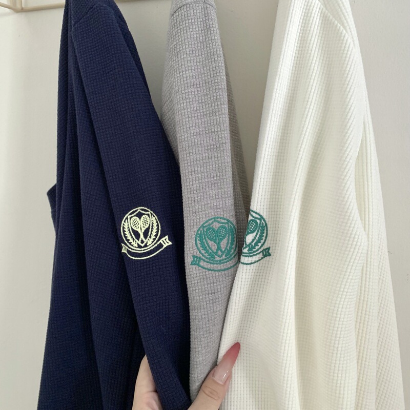 Korean fashion [Tennis Club] waffle knit long-sleeve top for women, early autumn gray sweatshirt, base shirt, T-shirt top