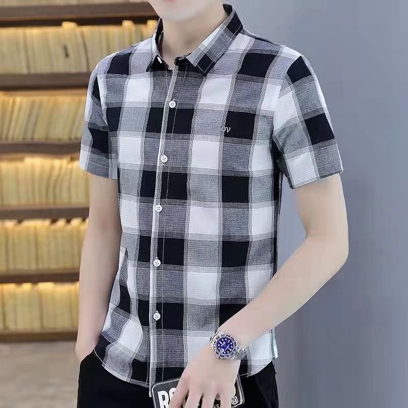 Men's Fashion Versatile Short-Sleeve Shirt Youth New Trendy Half-Sleeve Shirt Summer Korean Version Slim Plaid Shirt