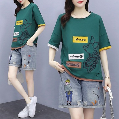 literature Retro summer new pattern Patch Embroidery T-shirts Terry cotton T-shirt Female models Short sleeved Easy jacket Two piece set