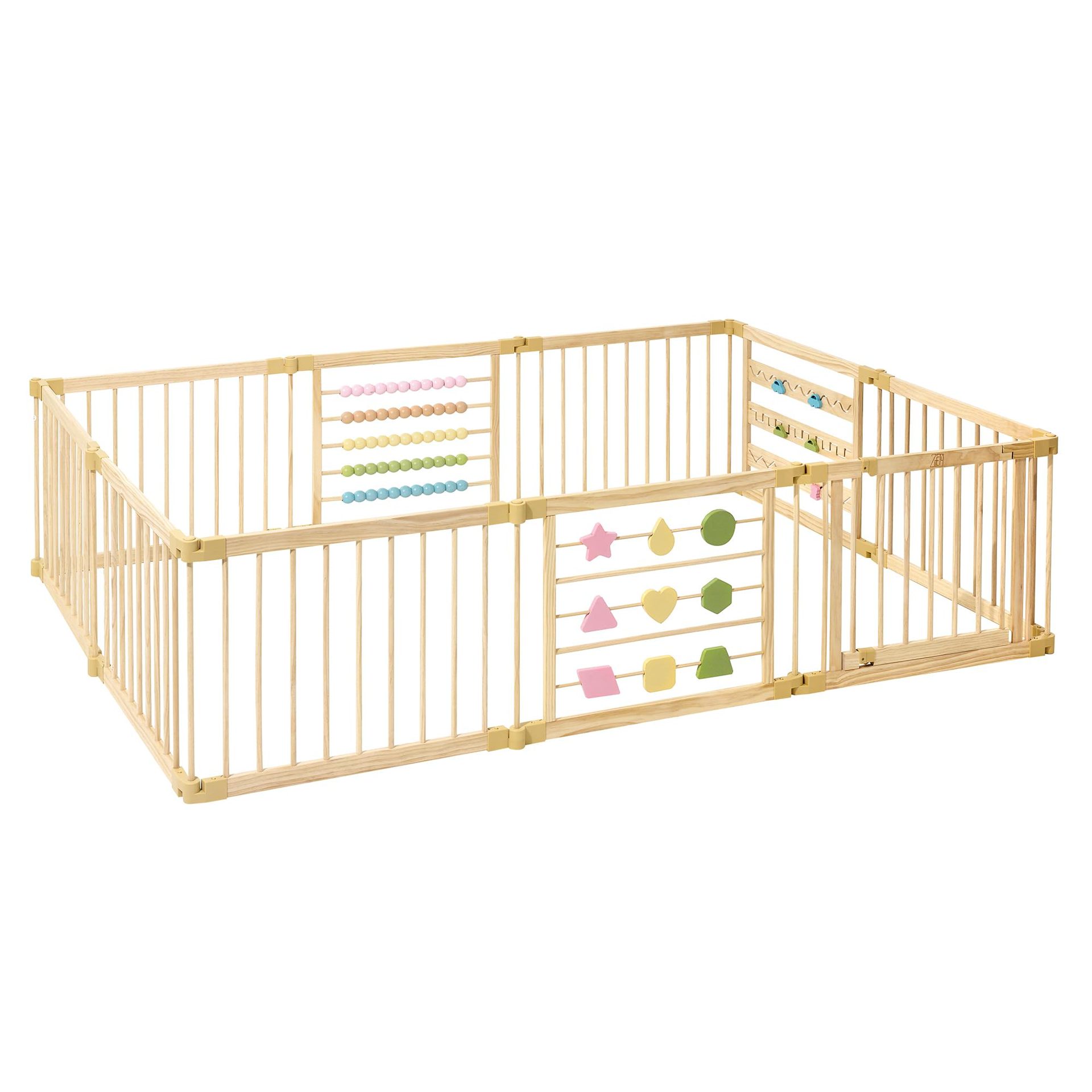 Cross-Border Hot-Selling Oem Natural Wooden Baby Playpen Foldable Play Area with Door Panel and Built-In Toys
