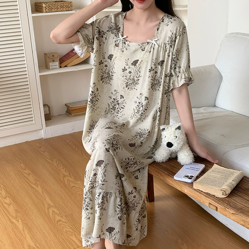 Летняя хлопковая шелковая ночная группа для женщин с тонкими рукавами, домашняя ночная рубашка с короткими рукавами