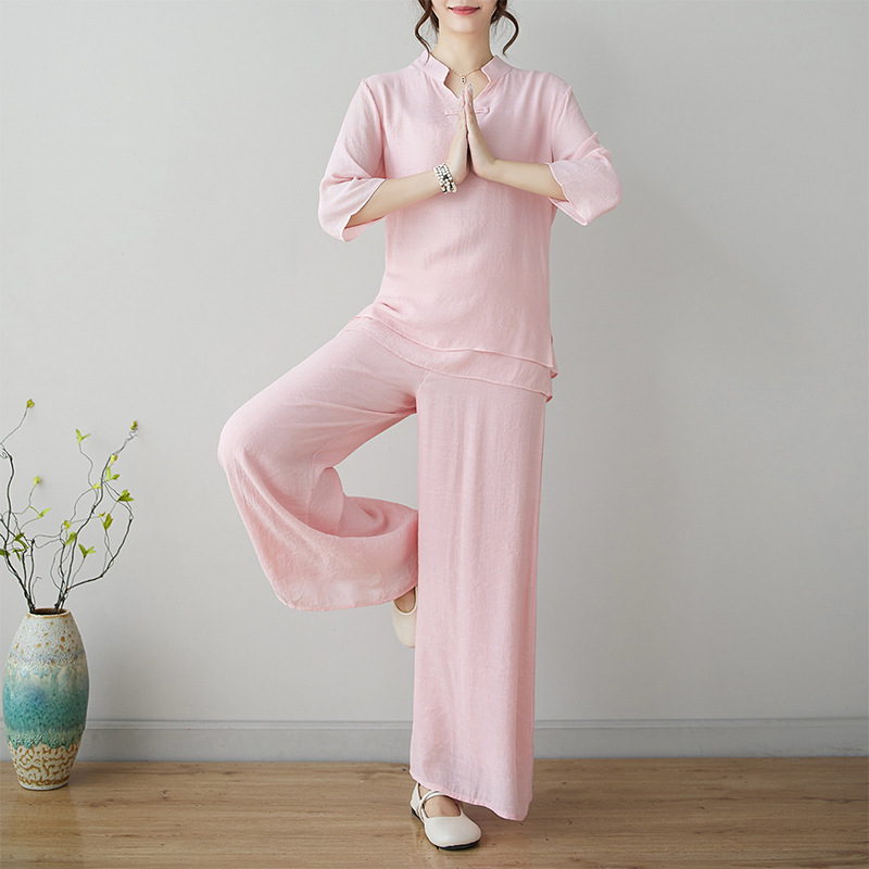 新しい夏の新しいエスニックスタイルの禅瞑想トレーニング服ツーピースセット中国風ヨガヒーリング服瞑想茶服|undefined
