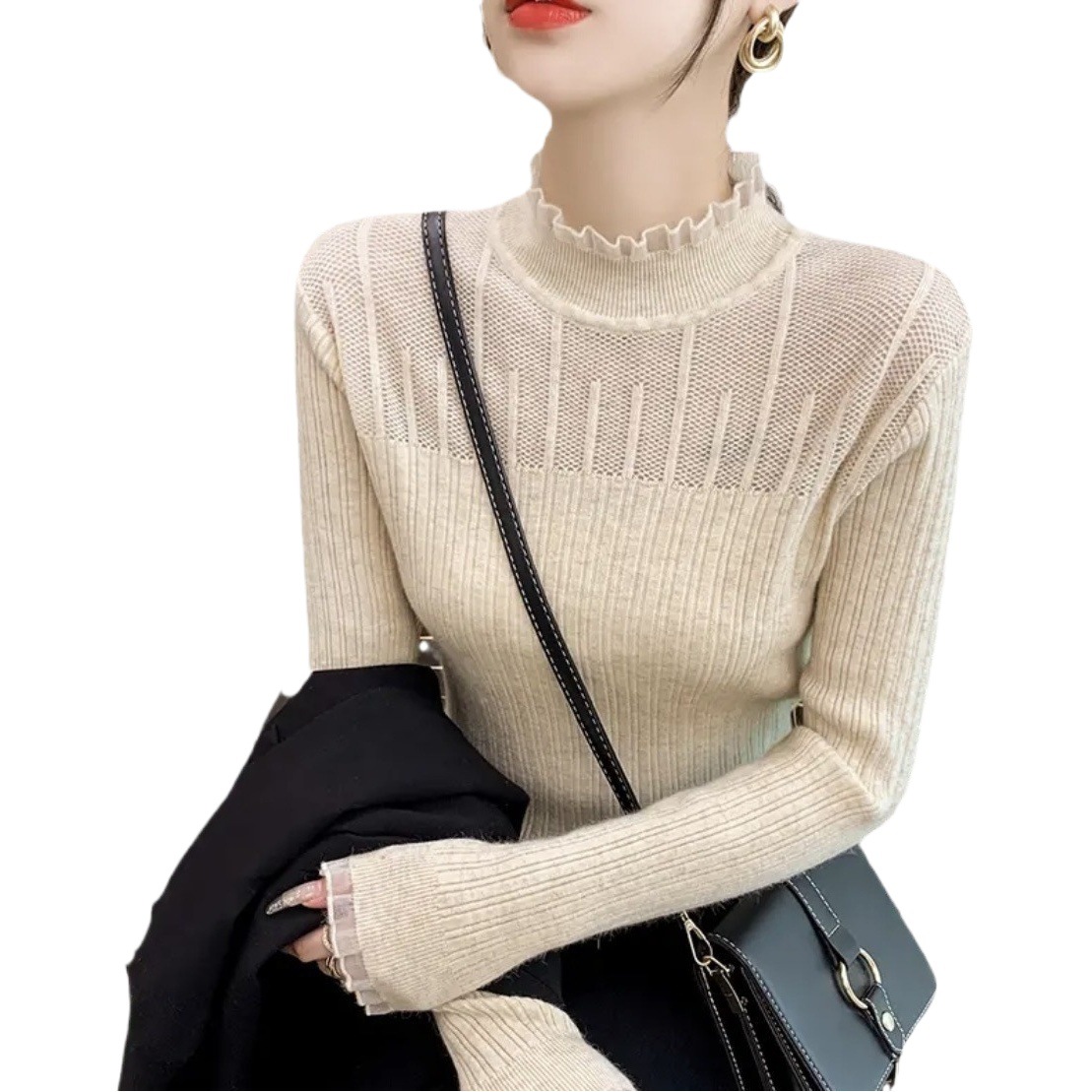 2023 otoño e invierno nuevas mujeres slim fit encaje hueco suéter interior medio cuello alto camisa de fondo para mujeres