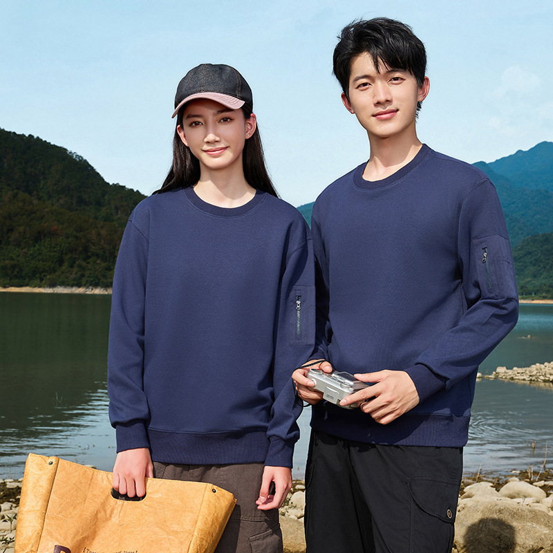 新款春秋套头圆领卫衣定制运动风纯色长袖T恤工装时尚工作服口袋|undefined