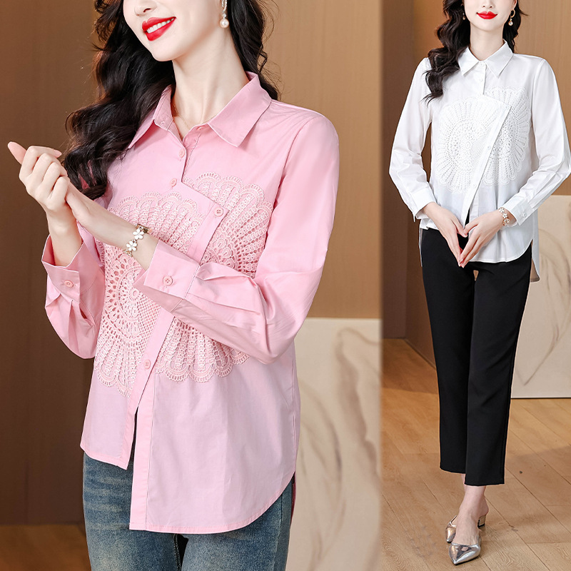 Factory Heavy Industry Lace Stitching Irregular Shirt 2025 Spring New Design Long Sleeve Top with Short Front and Long Back