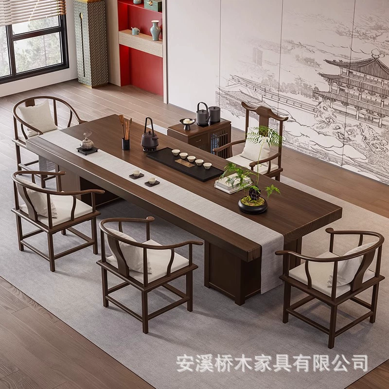 Новый чайный столик в китайском стиле, офисный домашний журнальный столик, современный простой чайный столик из цельного дерева с большой доской, чайный столик для гостиной, комбинация чайного столика и стула