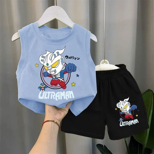 Children's Summer Baby Backless Set for Boys, Stylish Two-Piece Set, Ultraman Cute Sleeveless T-Shirts, Thin Clothing