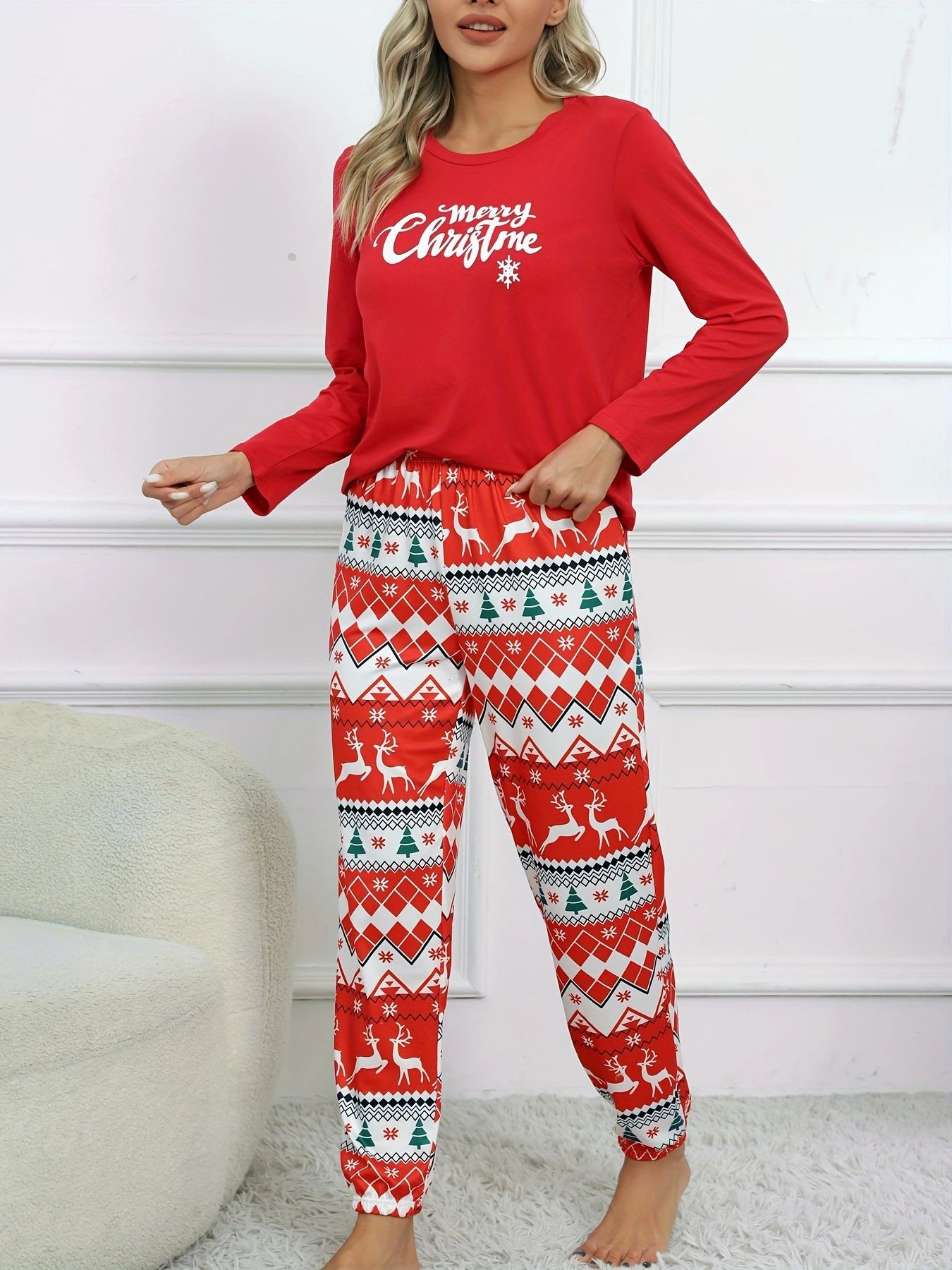 Pyjama de Noël pour femme, automne et hiver, pyjama à manches longues imprimé de Noël pour femme_voghion.com