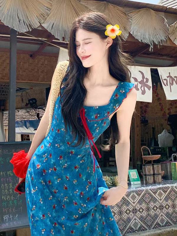 蓝色碎花吊带连衣裙女夏高级感多巴胺穿搭绝美海边度假海岛长裙子|undefined