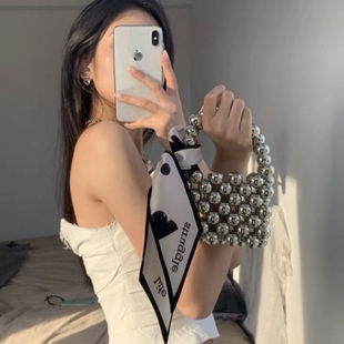 2024 finished product design fashion silver ball handmade beaded mini portable small square bag female Western style hand bag fashion