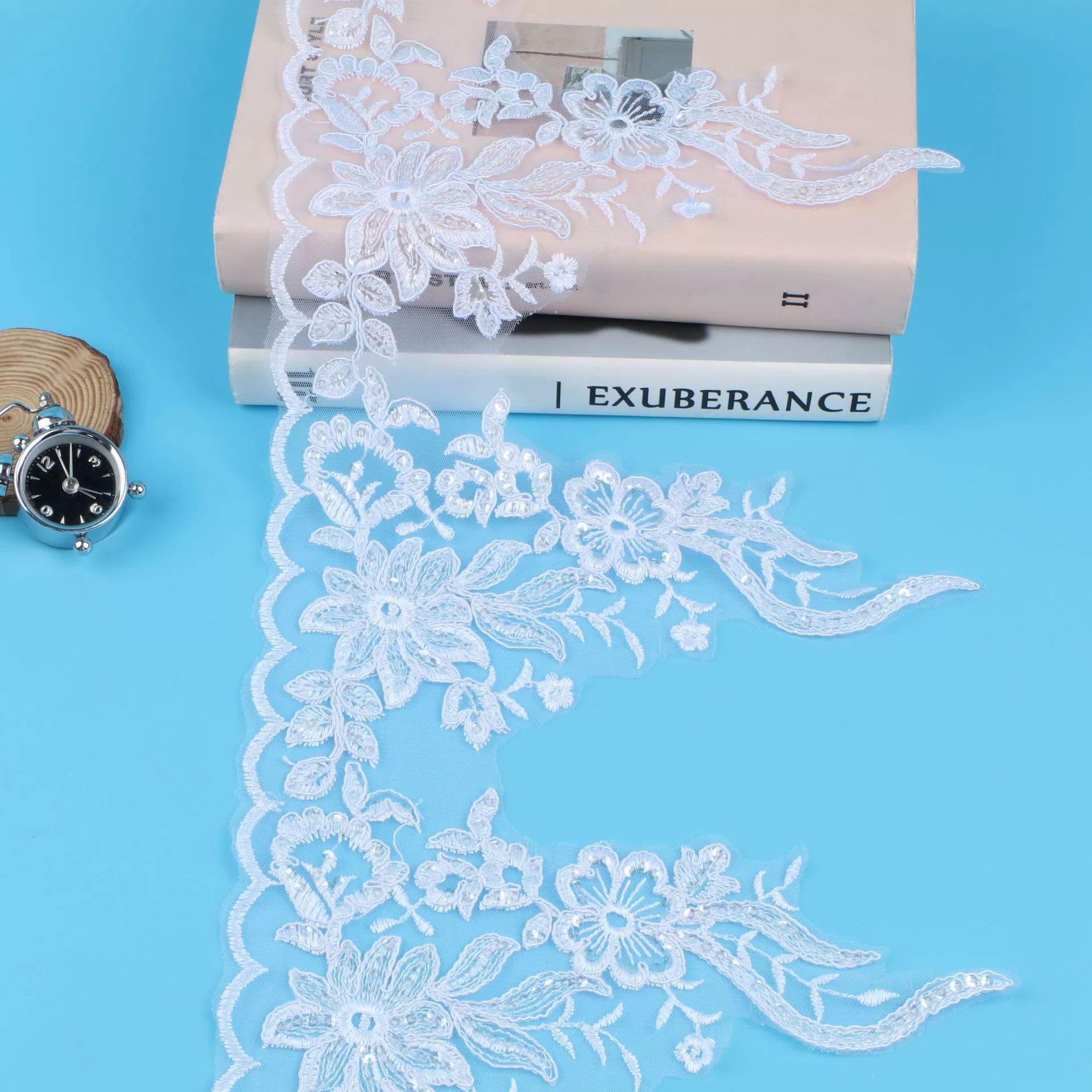 Lace sequin trim applique, bridal accessory, 26 см width, bleached/crystal or white transparent