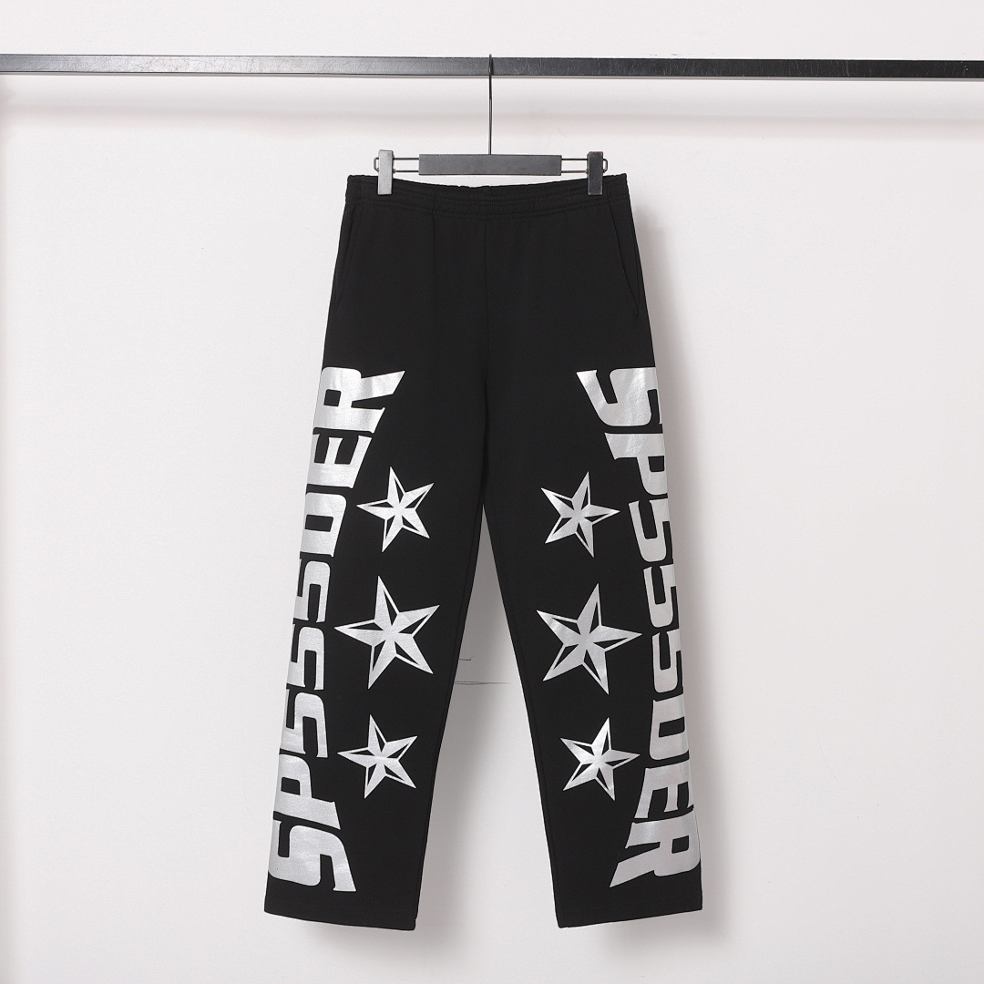555555欧美潮牌sp5der蜘蛛网星星印花高街卫裤运动宽口潮流长裤男