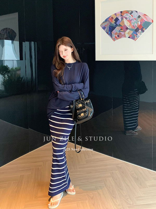 秋季套装女装宽松休闲圆领长袖T恤上衣针织条纹半身裙包臀长裙子|undefined
