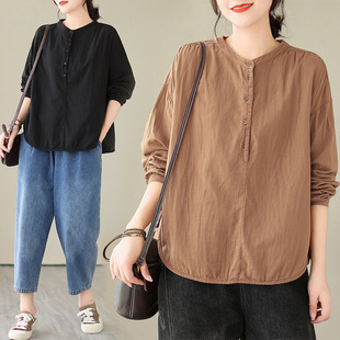 Double-Layered Wrinkled Shirt, Plus-Size Women's Clothing, Early Autumn New Style, Cotton and Linen Solid Color, Elegant Top, Round Neck, Belly-Covering Shirt, Base Layer Shirt