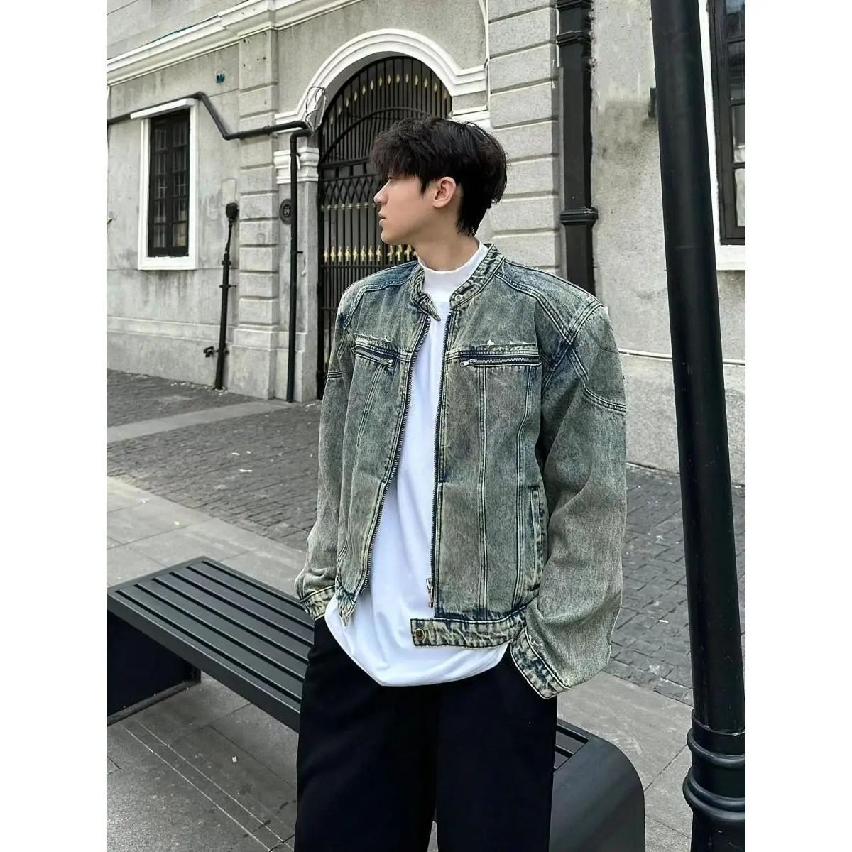 クリーンフィットショートショルダーパッドデニムジャケットメンズ春秋アメリカンレトロハンサムストリートファッションブランドジャケット