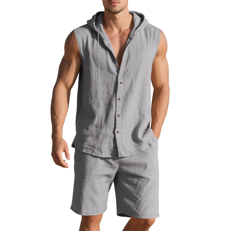 Tronos transfronterizos de hombres europeos y americanos verano americano suelto lino casual simple sin mangas camisa sin capucha pantalones cortos traje de dos piezas