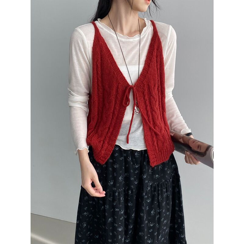 That's Korean Style Gentle Elegant Lace-Up Knitted Vest for Women 20 Wool Sweet Age-Reducing Sweater Vest Vest L627
