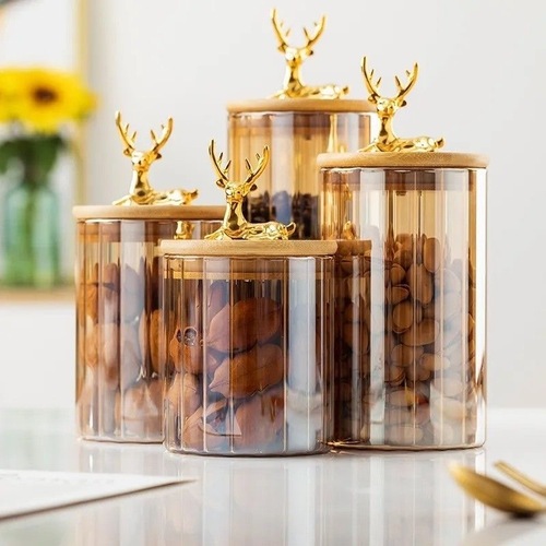 Factory-direct new arrival striped glass jars with deer head seals—high borosilicate storage bottles, Amazon-exclusive glass containers