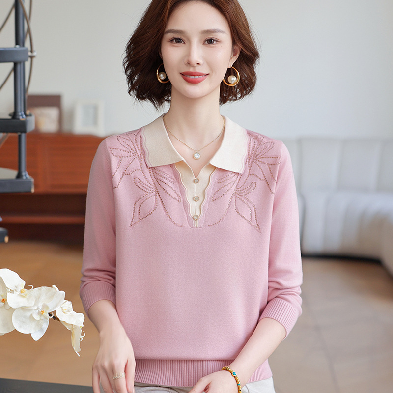 妈妈秋装2025新款气质翻领薄款毛衣中老年女装针织上衣长袖打底衫|undefined