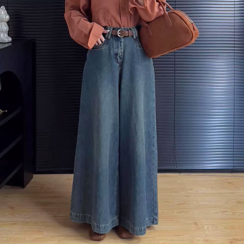 ゆったりとした広い足のジーンズの女性の新型の小さい衆の腰のまっすぐな筒の大きいサイズのナシの形の復古の青いモップのズボンの秋|undefined