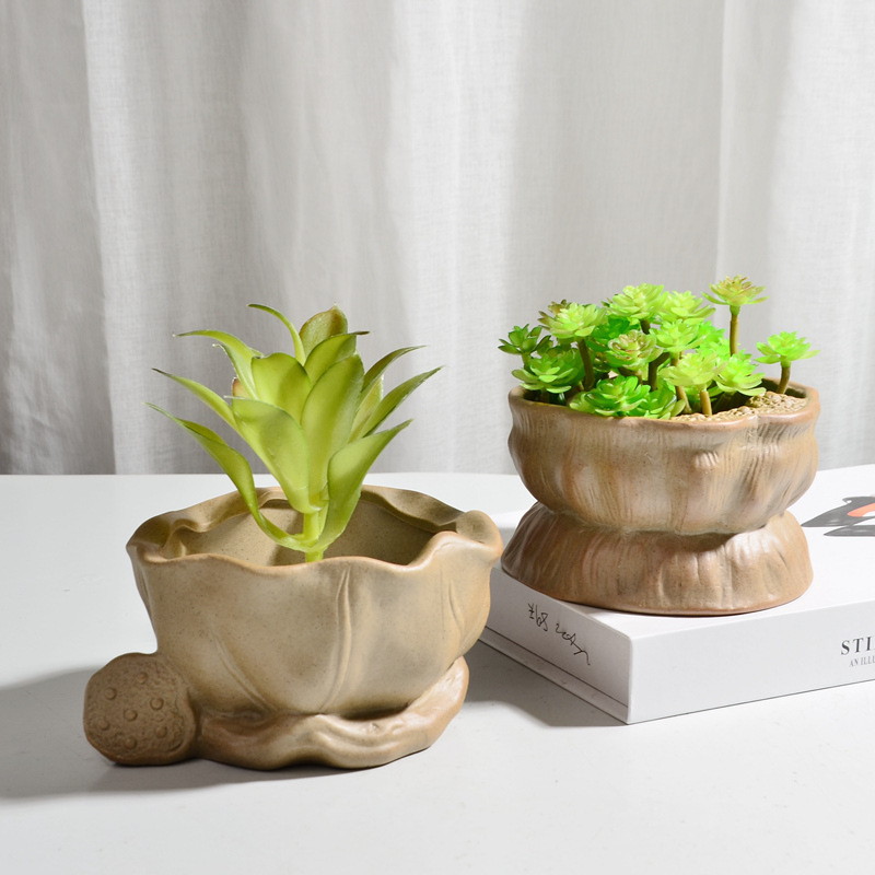Stoneware plain burning vintage Lotus Flower core ceramic succulent plant pot personality imitation stone bouquet rock flower pot breathable creative