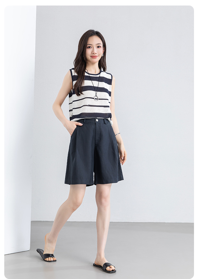 Quần short nữ cạp cao dáng chữ A ống rộng chất liệu linen phối lụa thoáng mát — màu xanh navy chi tiết 22
