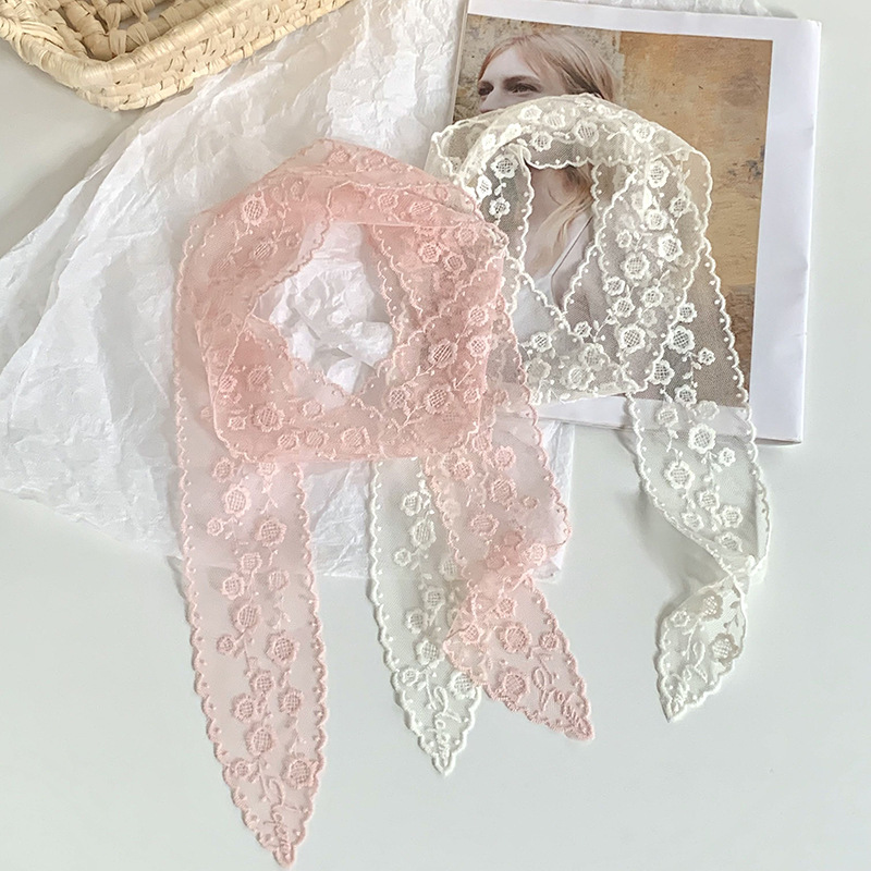 Pañuelo de seda estilo coreano de alta calidad flor blanca bordado encaje bufanda de seda cinturón decorativo mujer primavera y verano bufanda salvaje cinturón para el cabello