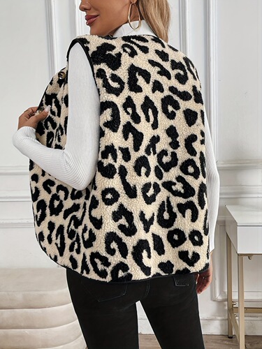 Autumn and winter new arrival European and American women's fashion plush vest with leopard-print front buttons for ladies