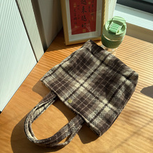 复古混色编织格纹布袋毛呢格子单肩包日常百搭大容量女士手拎包