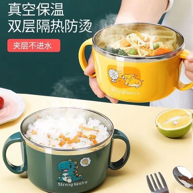 Children's Bowl Anti-Fall and Anti-Scalding Stainless Steel 304 Tableware for Older Kidsren with Handle and Double Ears for Primary School Students and Babies Eating Soup Bowls
