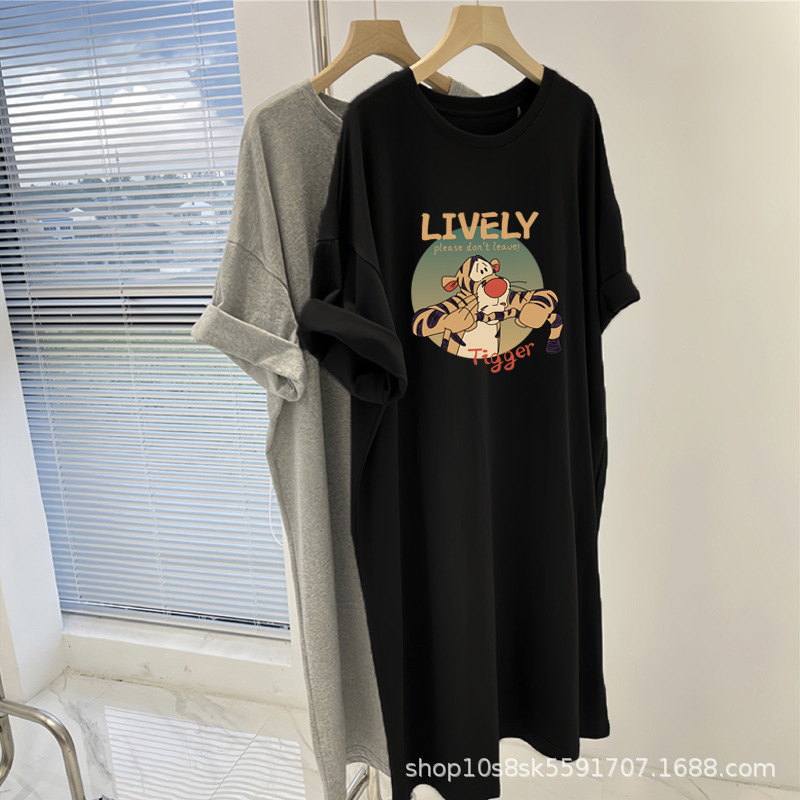 2026 New Summer Short-Sleeved T-Shirt Dress Korean Style Loose Knee-Length Dress Ins Fashion Dress Women's Mid-Length Summer Dress