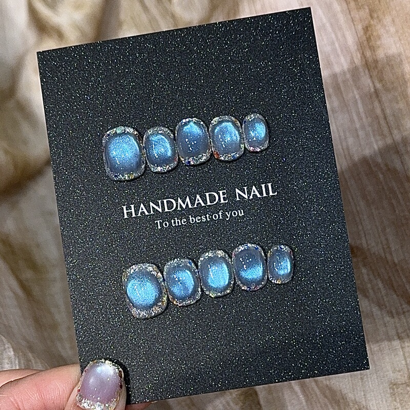 Ins-Style High-End Blue Gemstone Cat's Eye Sparkling Diamond Zircon Elegant Whitening Bean Nail Pure Handmade Wearable Nail Art