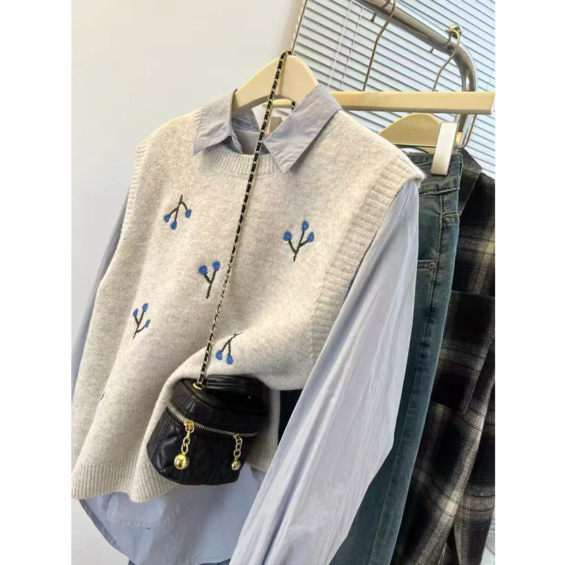 Vintage bordado flor de cuello redondo chaleco de mujer suave glutinoso corto suéter sin mangas primavera otoño invierno nueva chaqueta de punto