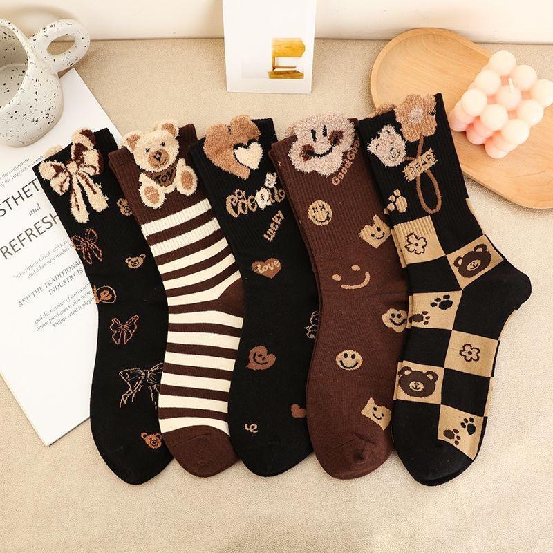 Socks, autumn and winter, coffee color, ins, little bear feathers, ladies' net red middle tube, cute three-dimensional_voghion.com