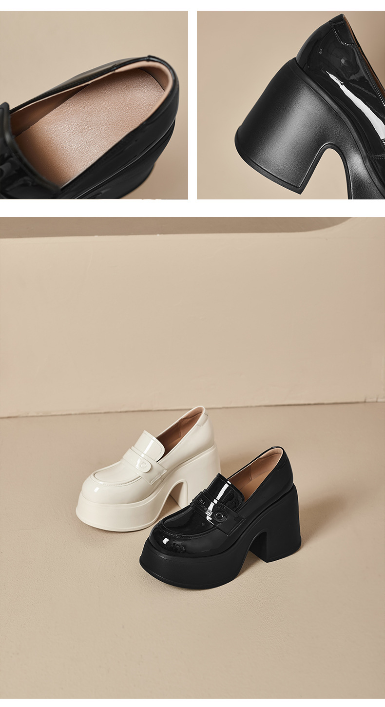 Giày loafer nữ gót vuông cao 10 cm da thật cổ sâu phong cách JK — màu đen, màu trắng ngà chi tiết 11