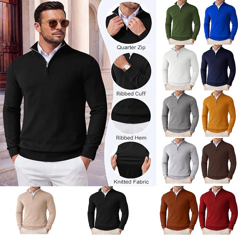 Winter half-zip knitted sweater pullover for men, slim fit, business casual, thin base layer top for men