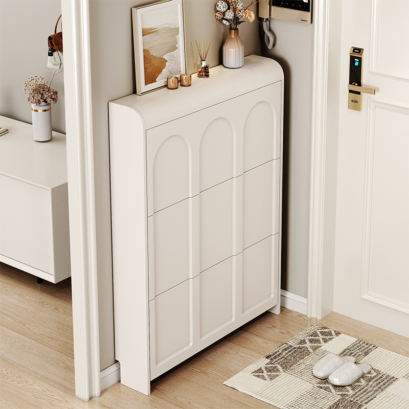 Cream-style ultra-thin tipping shoe cabinet for home use, large-capacity entryway unit with integrated simple storage shoe rack for doorways and hallways.