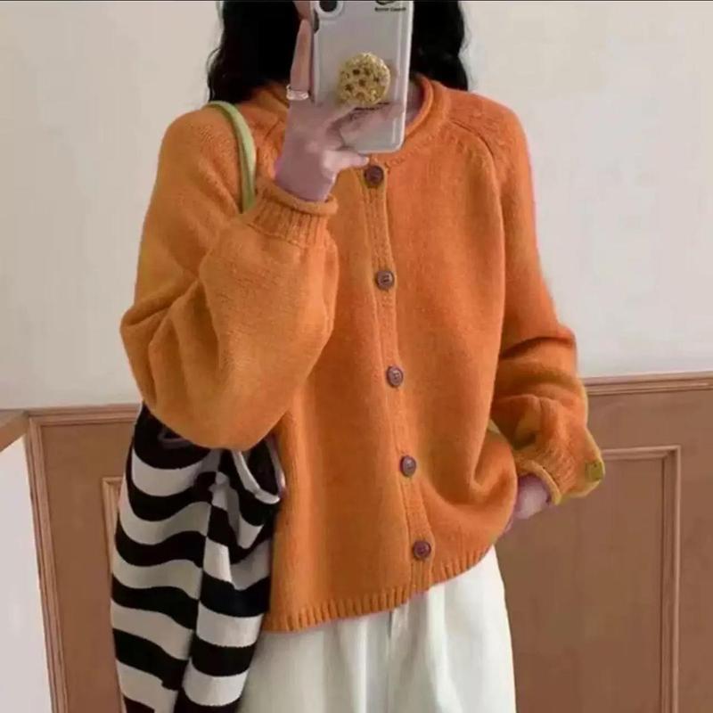 2025秋冬新款女装慵懒风宽松纯色针织开衫女毛衣外套上衣63粉色|undefined