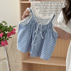 2025 新しい夏の女の子のファッショナブルなレースチェック柄サスペンダーベビーガールファッショナブルで甘いノースリーブトップ