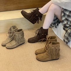 复古卡其色文艺流苏骑士靴西部牛仔靴秋冬真皮短靴法式女靴勃肯鞋