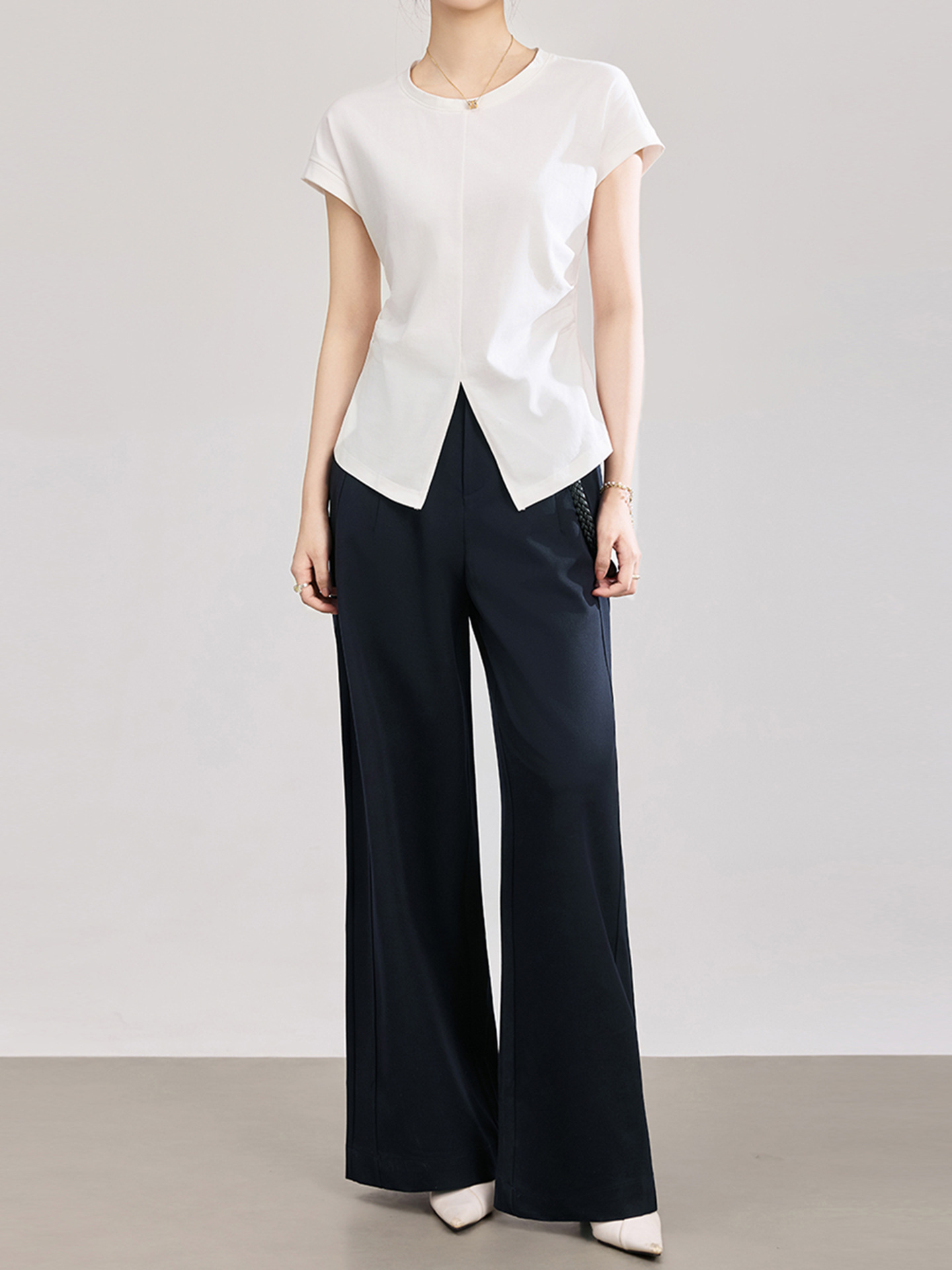 Quần culottes nữ ống rộng dáng suông chất len pha tơ nhân tạo cao cấp — Xanh lông mòng đen