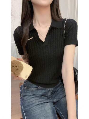 Right shoulder white polo short-sleeved T-shirt for women spring and summer new style lapel knitted bottoming slim short outer top