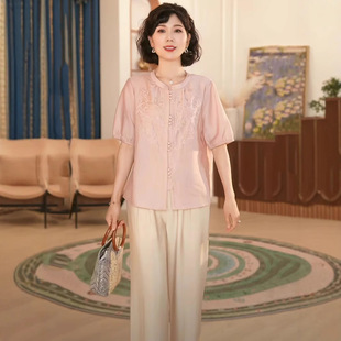High-End New Chinese Style Mom Summer Short-Sleeved Tops 2025 New Style Small Shirts, Loose and Middle-Aged Women's Suits