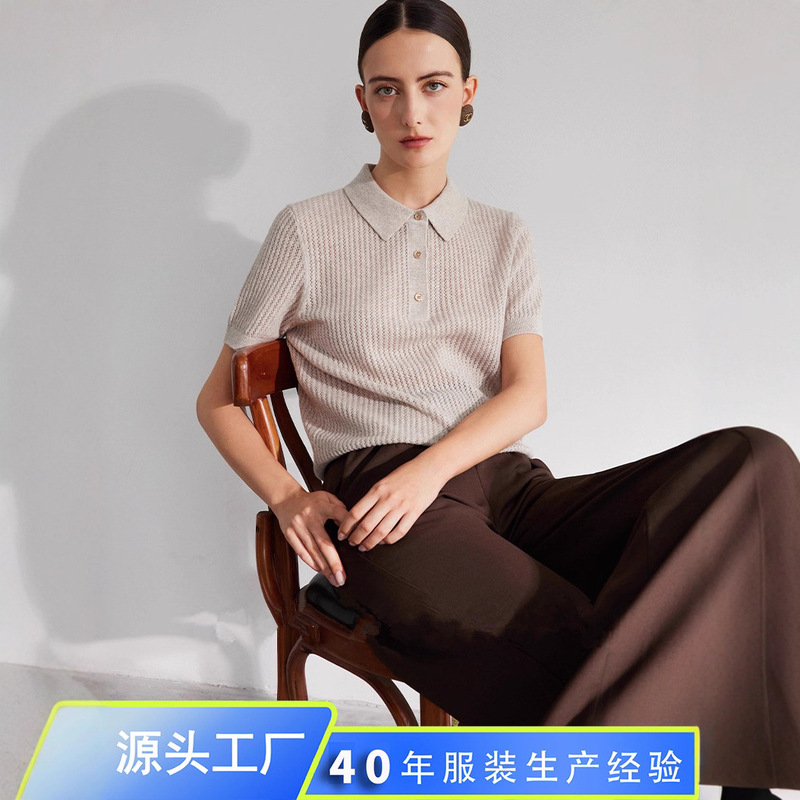 Lp Same Style Old Money Style Cashmere Short-Sleeved Woolen Sweater Urban Work Clothing Polo Collar Knitwear Top Knitwear Women's Clothing